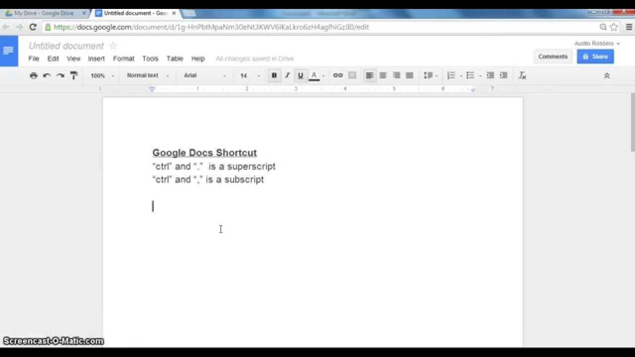 Google Drive Subscript Shortcut